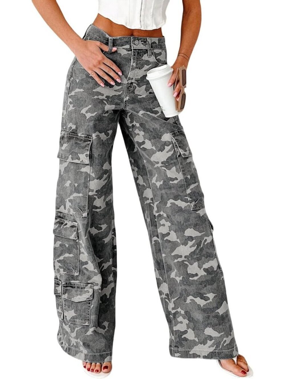 Women's Grey Camo Print Denim Pants Y2k Wide Leg Cargo Jeans Flare Distressed